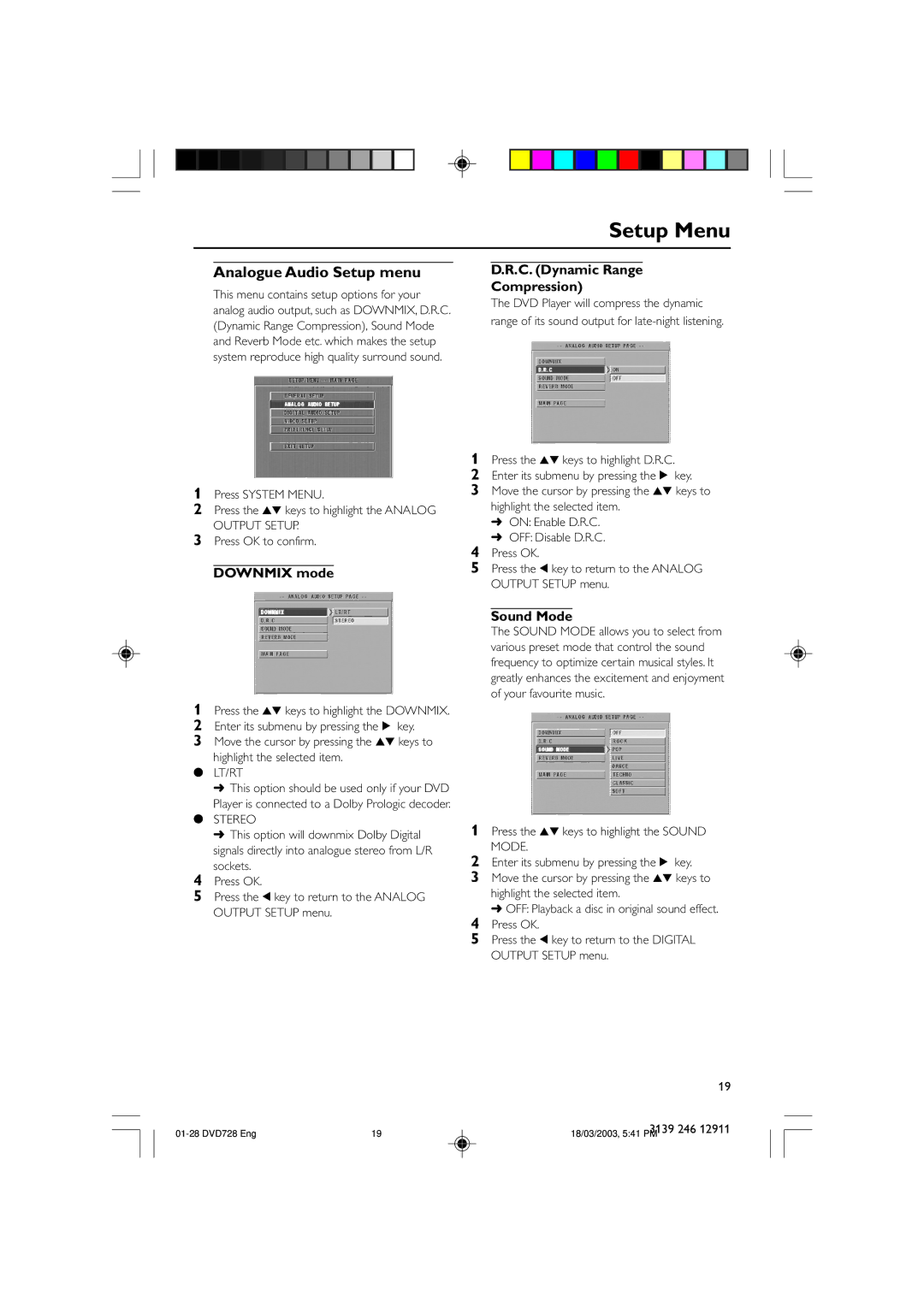 Polycom DVD 729 owner manual Analogue Audio Setup menu, Downmix mode, C. Dynamic Range Compression, Sound Mode 