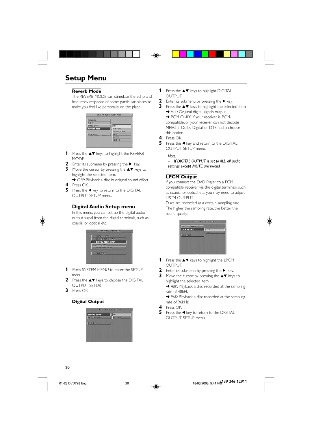 Polycom DVD 729 owner manual Digital Audio Setup menu, Reverb Mode, Digital Output, Lpcm Output 