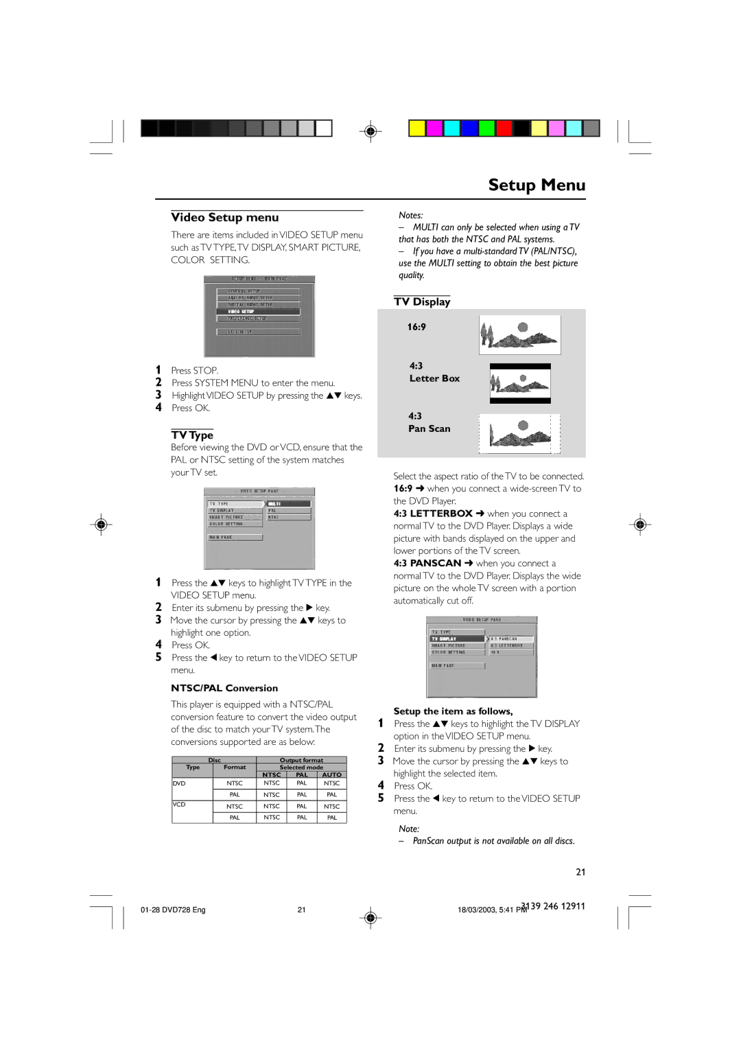 Polycom DVD 729 owner manual Video Setup menu, TV Type, TV Display 