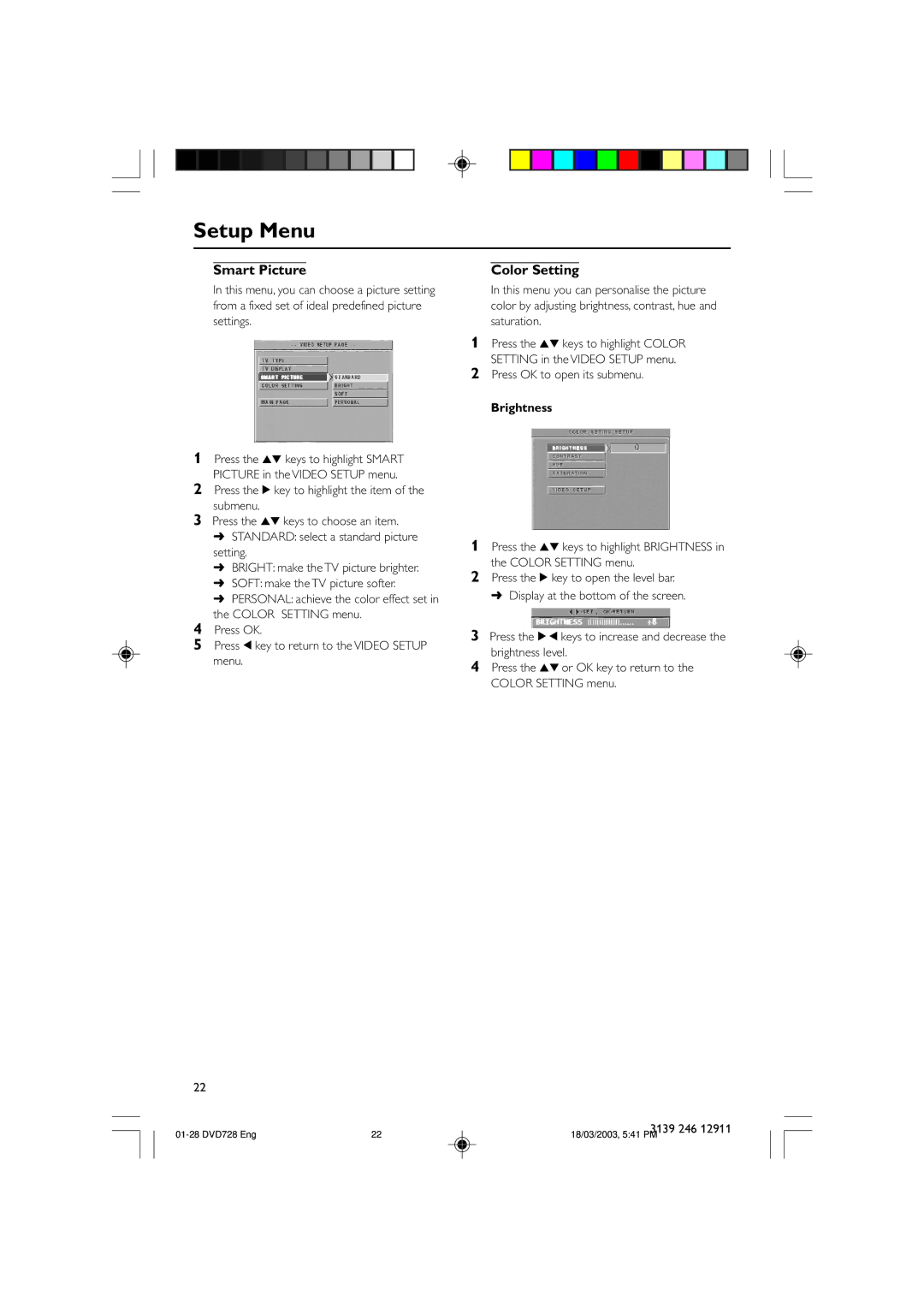 Polycom DVD 729 owner manual Smart Picture, Color Setting, Press OK to open its submenu, Brightness 