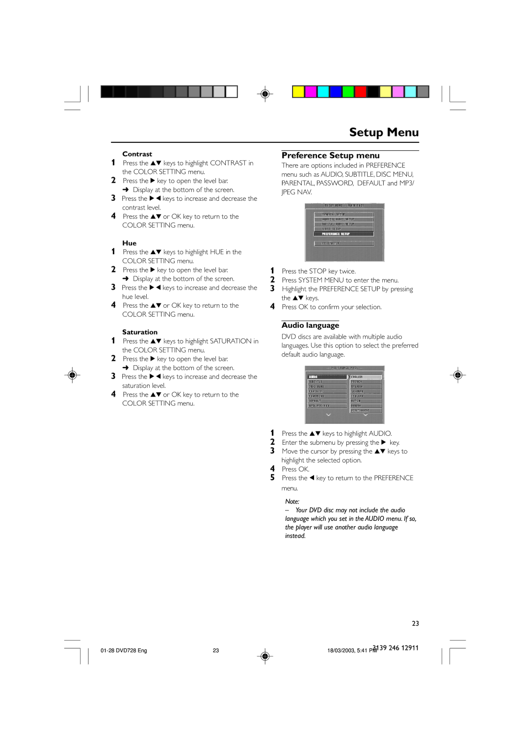 Polycom DVD 729 owner manual Preference Setup menu, Audio language, Contrast, Hue, Saturation 