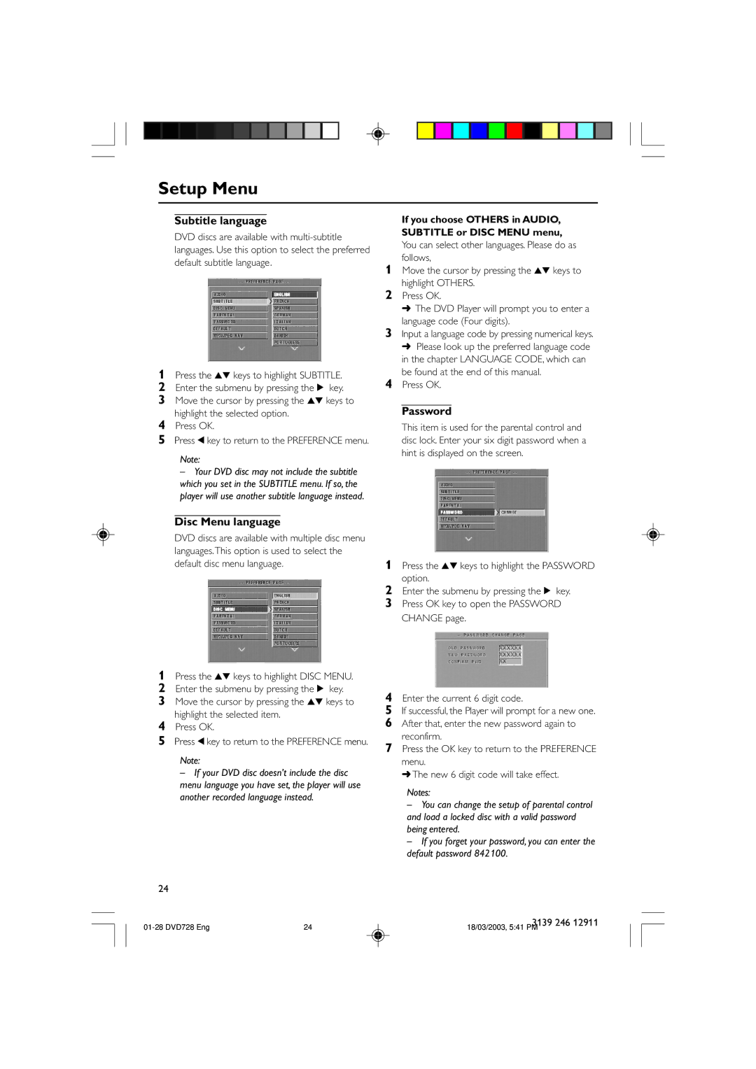 Polycom DVD 729 Subtitle language, Disc Menu language, Password, If you choose Others in AUDIO, Subtitle or Disc Menu menu 