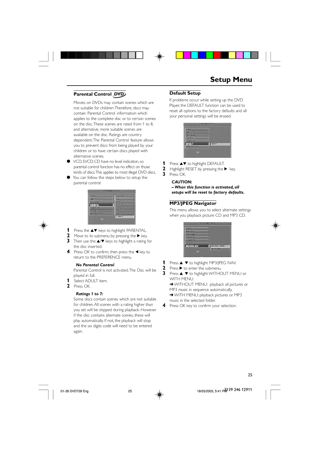 Polycom DVD 729 owner manual Parental Control DVD, Default Setup, MP3/JPEG Navigator, With Menu 