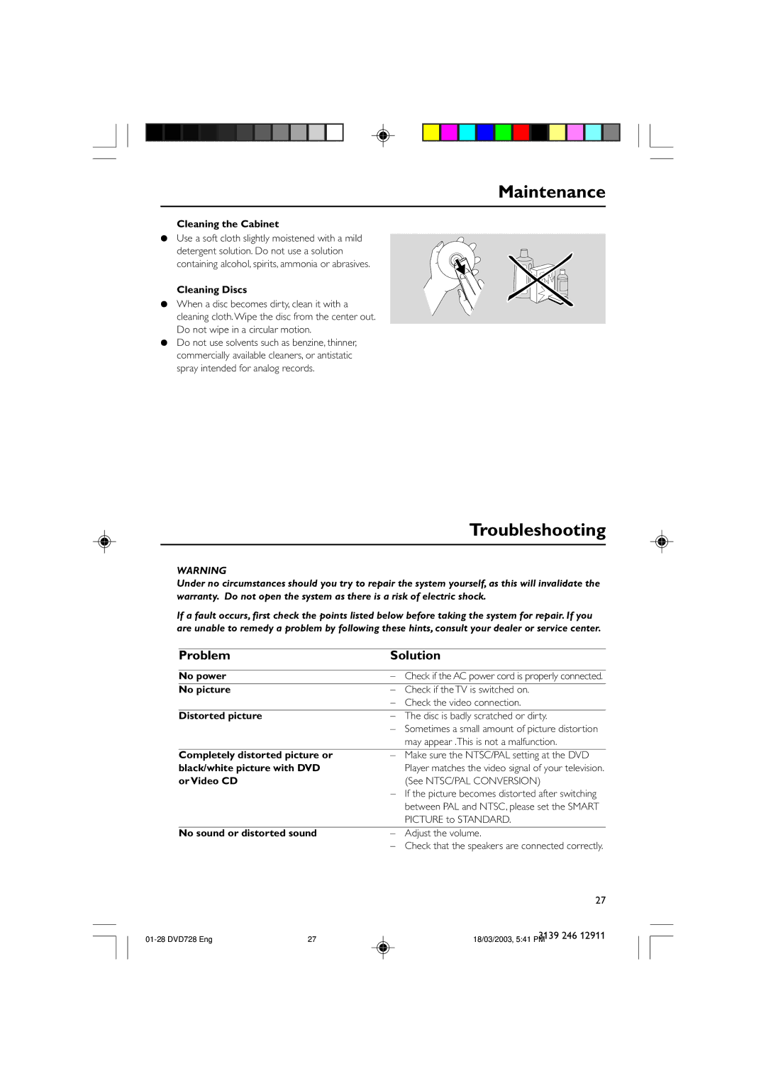 Polycom DVD 729 owner manual Maintenance, Troubleshooting, Problem Solution 