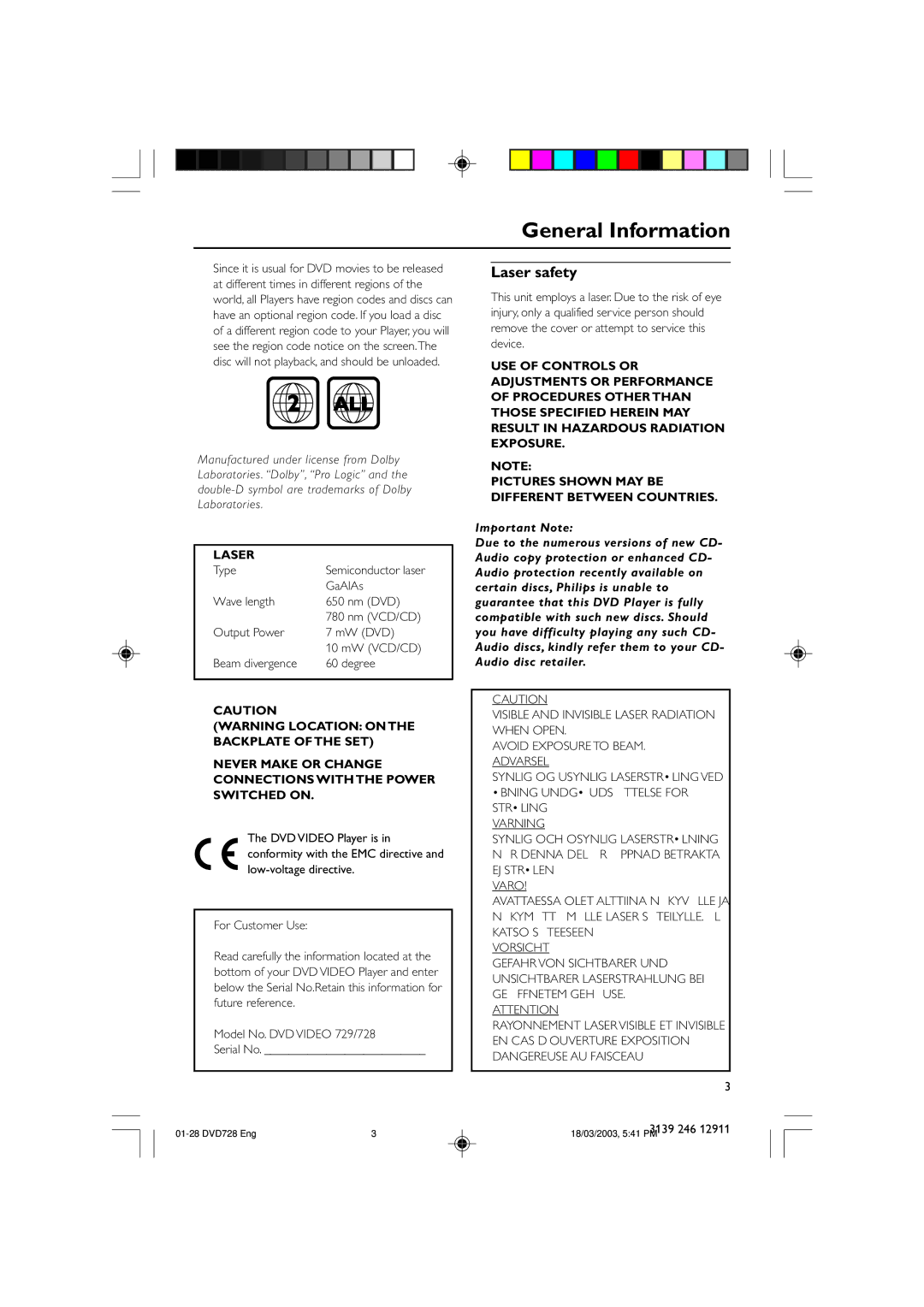 Polycom DVD 729 owner manual General Information, Laser safety, Never Make or Change Connections with the Power Switched on 