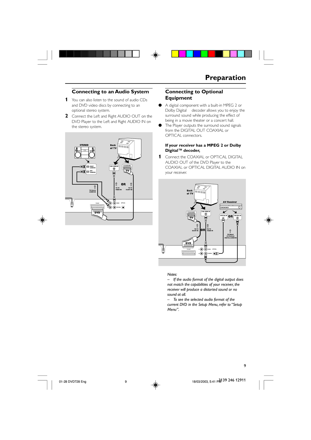 Polycom DVD 729 owner manual Connecting to an Audio System, Connecting to Optional Equipment 