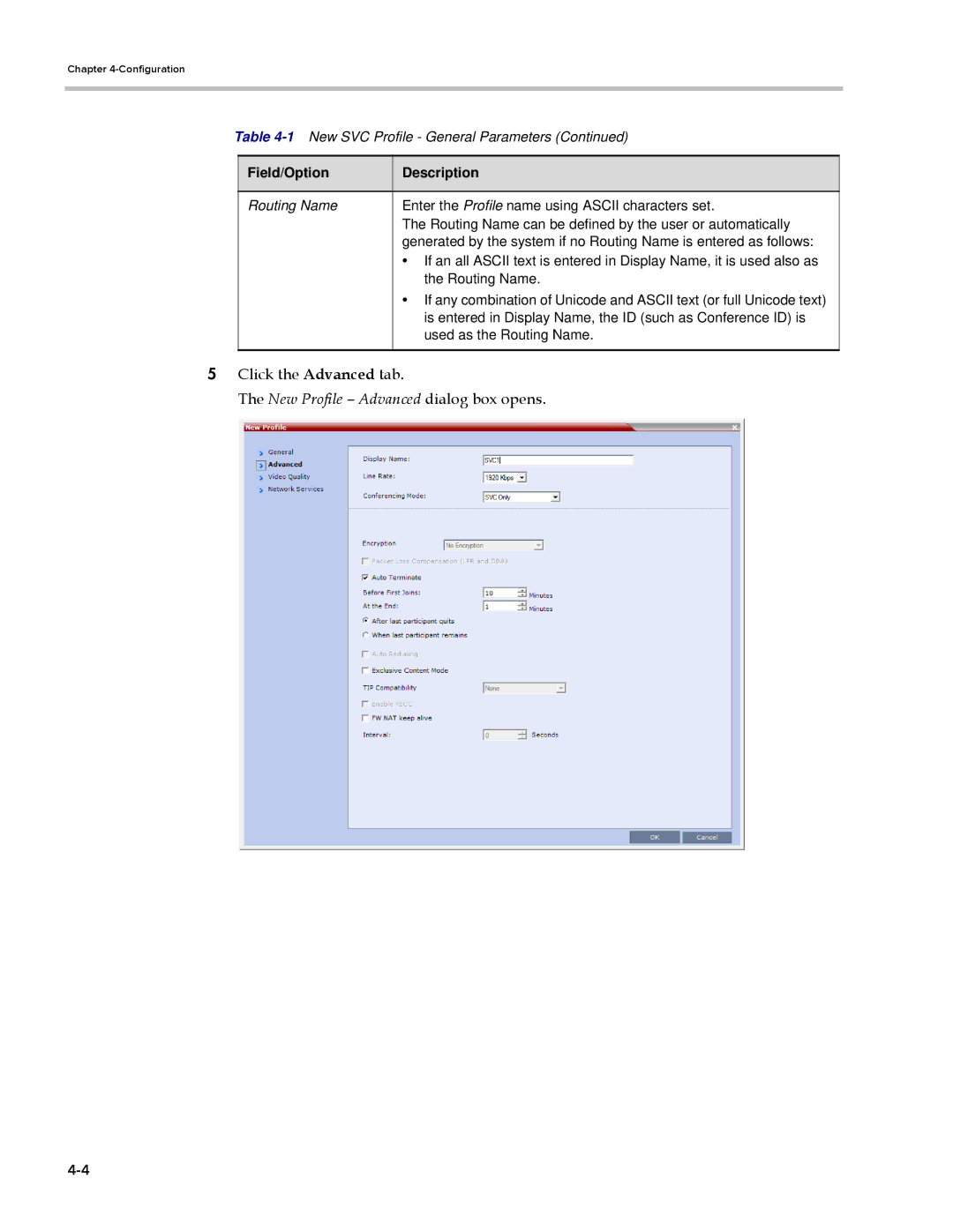 Polycom EDOC2501b manual New Profile Advanced dialog box opens 