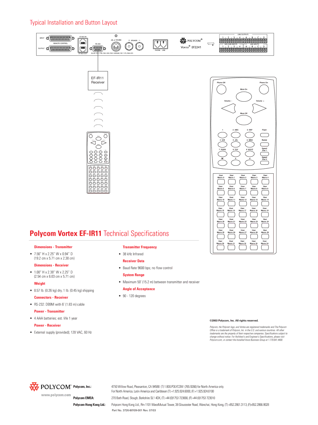 Polycom EF-IR11 Dimensions Transmitter, Dimensions Receiver, Weight, Connectors Receiver, Receiver Data, System Range 