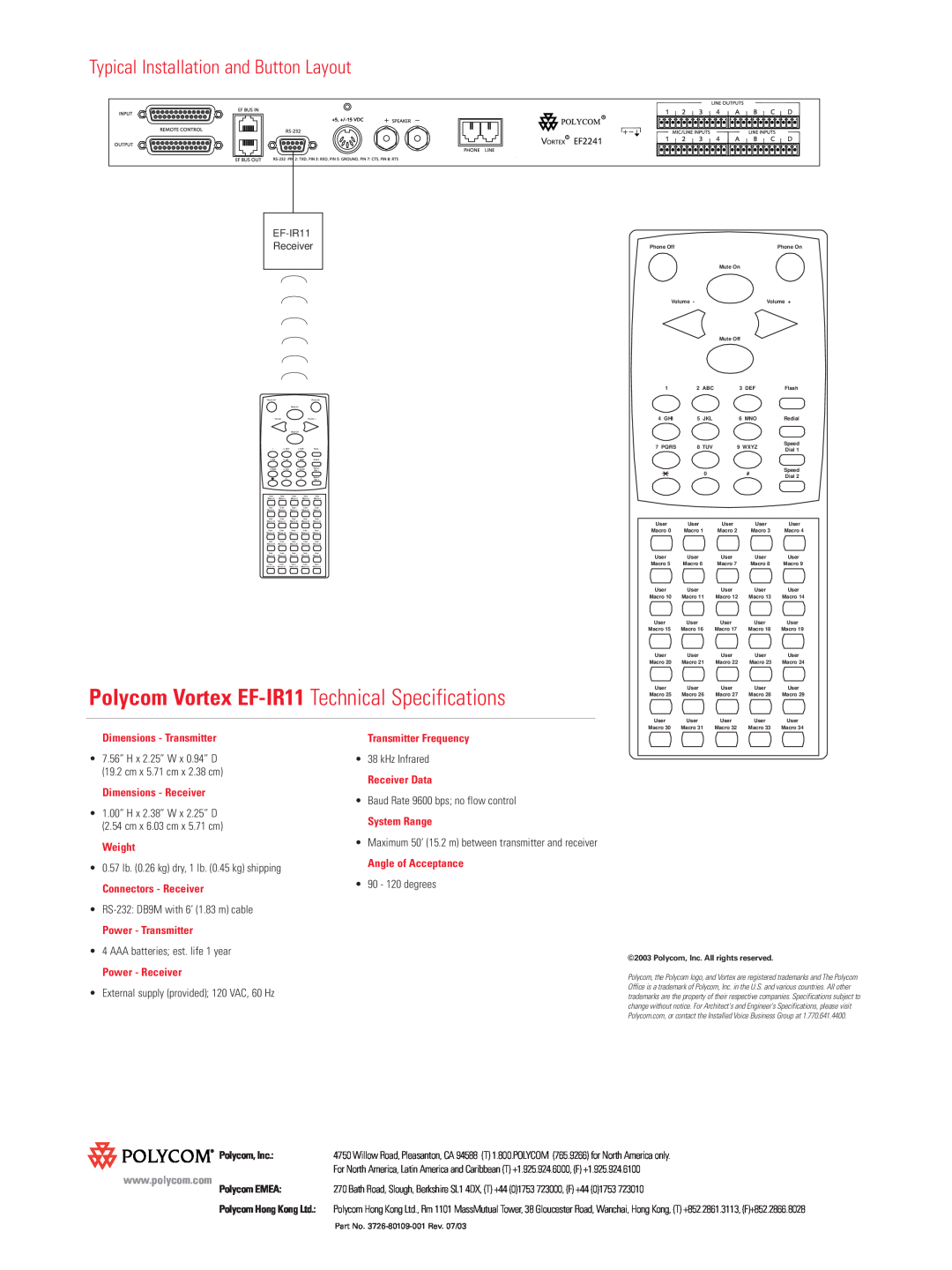 Polycom Polycom Vortex EF-IR11 Technical Specifications, Typical Installation and Button Layout, Dimensions - Receiver 
