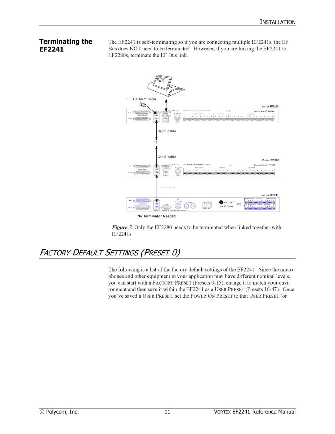 Polycom manual Factory Default Settings Preset, Terminating the EF2241 