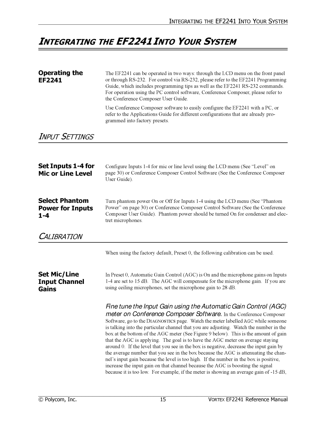 Polycom manual Integrating the EF2241 Into Your System, Input Settings, Calibration 