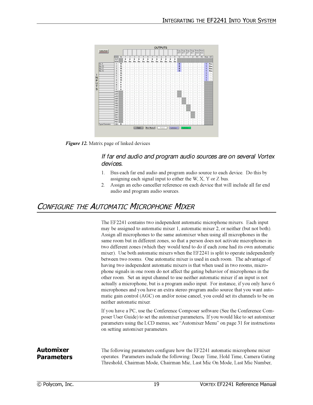 Polycom EF2241 manual Configure the Automatic Microphone Mixer, Automixer Parameters 