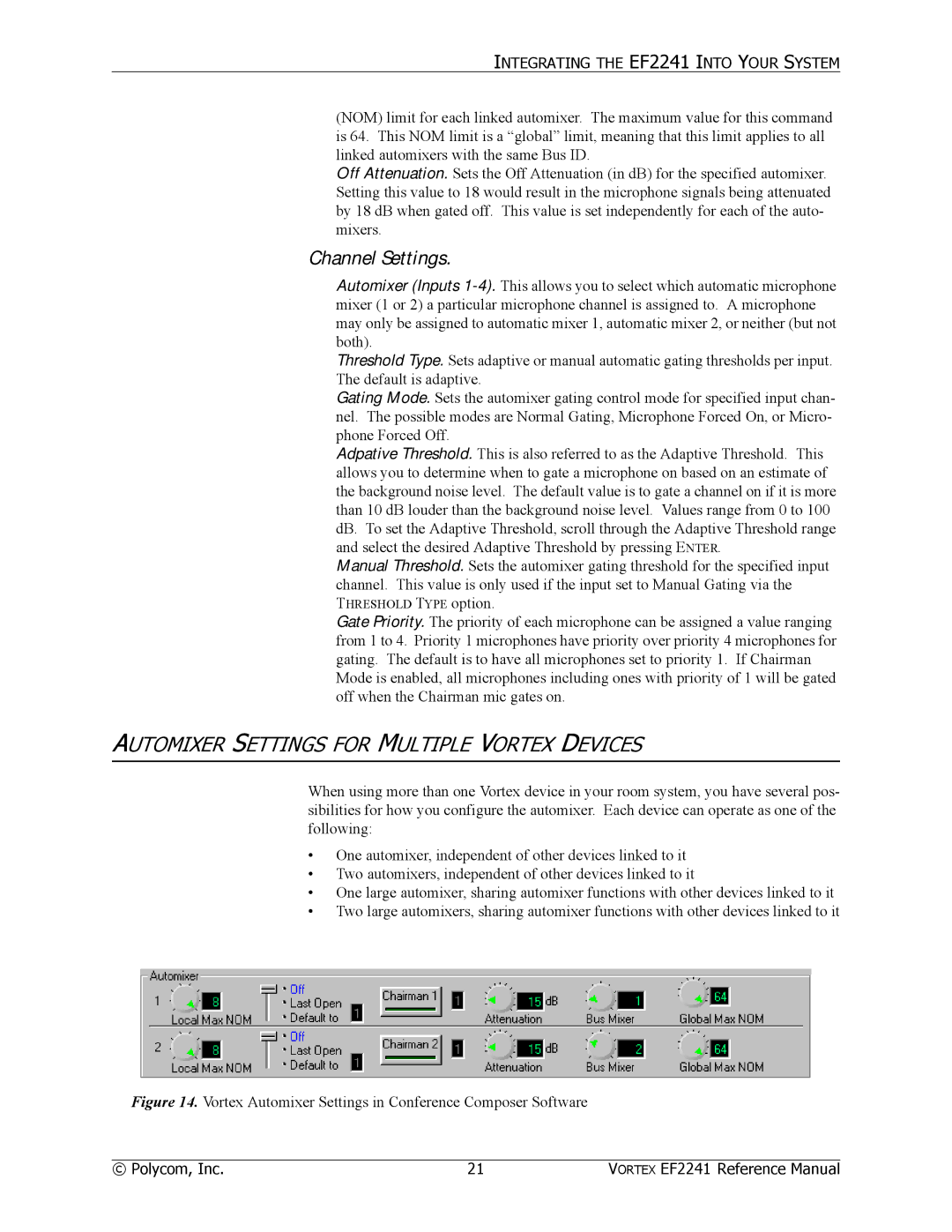 Polycom EF2241 manual Automixer Settings for Multiple Vortex Devices, Channel Settings 