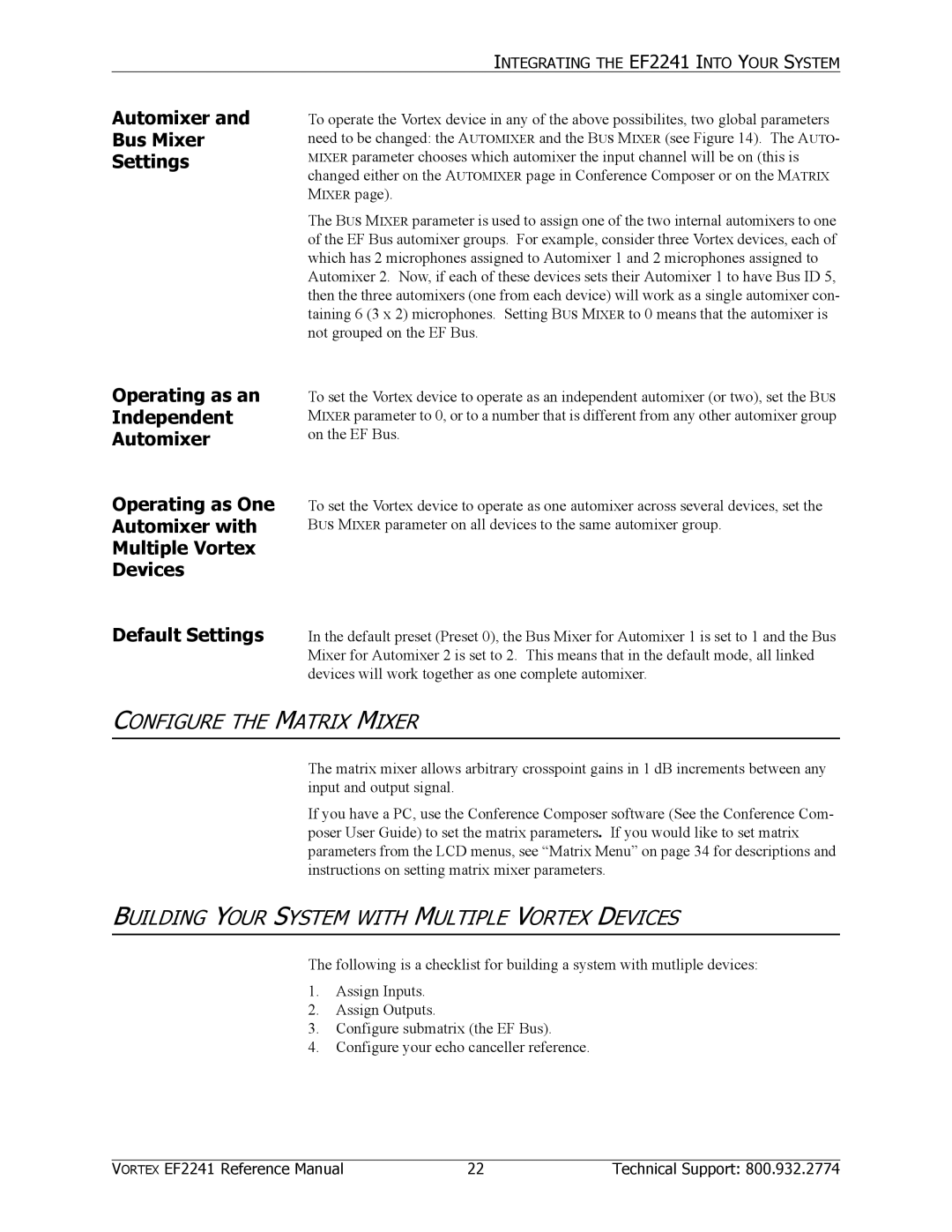 Polycom EF2241 manual Configure the Matrix Mixer, Building Your System with Multiple Vortex Devices, Default Settings 