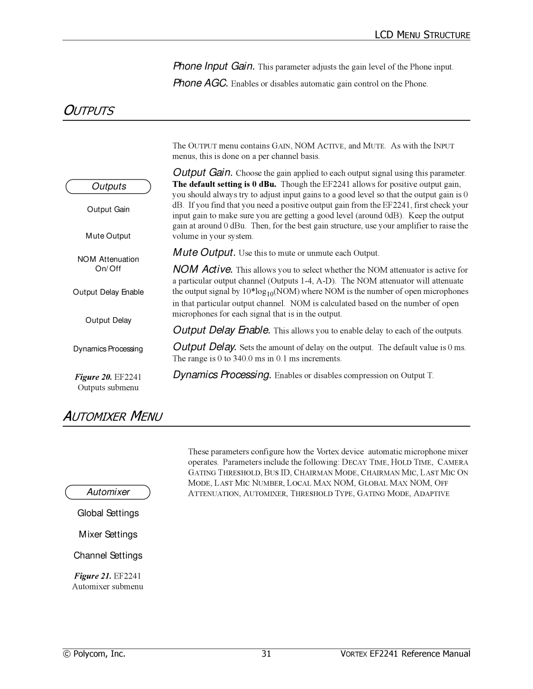 Polycom EF2241 manual Outputs, Automixer Menu 