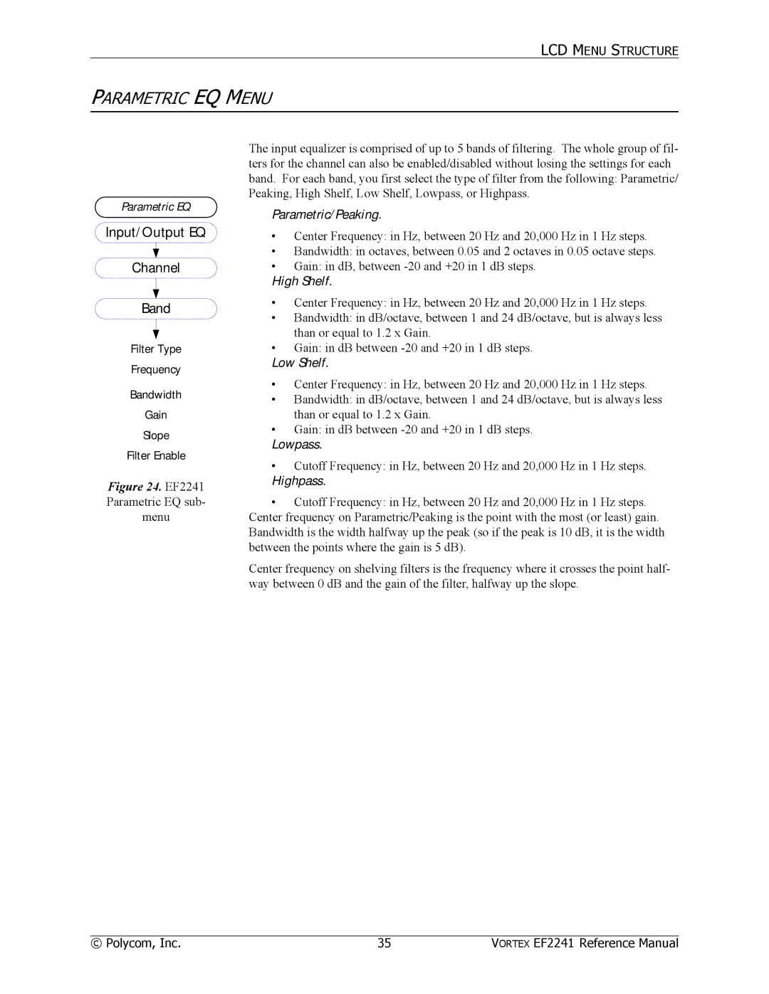 Polycom EF2241 manual Parametric EQ Menu, Input/Output EQ Channel Band 