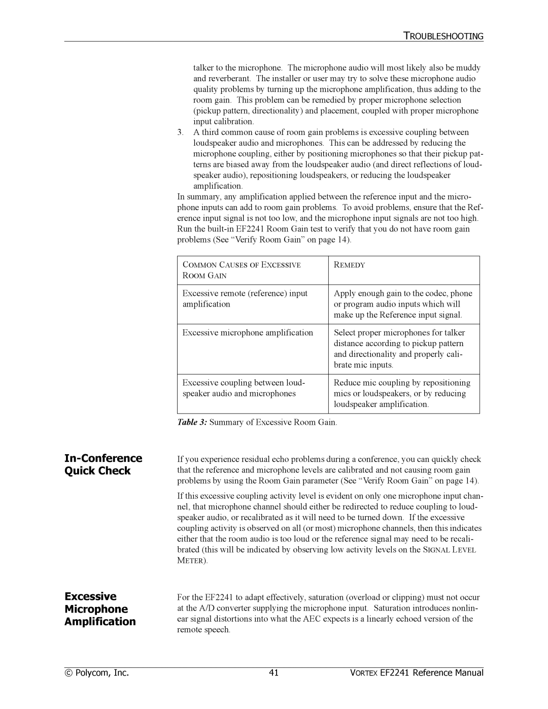 Polycom EF2241 manual In-Conference Quick Check Excessive Microphone Amplification 