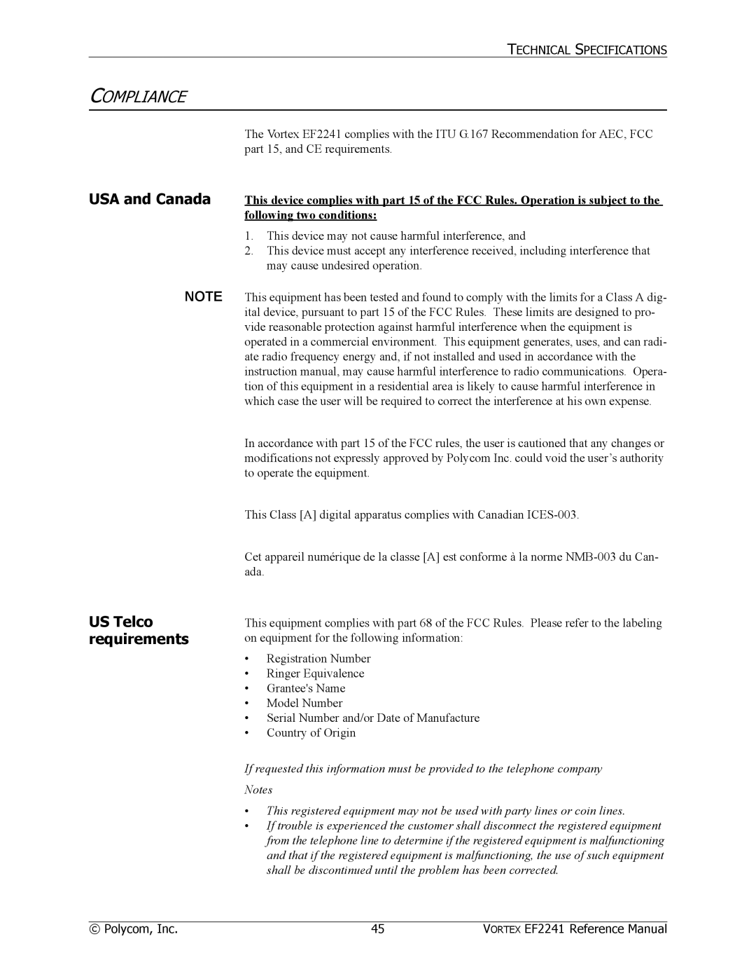 Polycom EF2241 manual Compliance, USA and Canada, US Telco requirements 