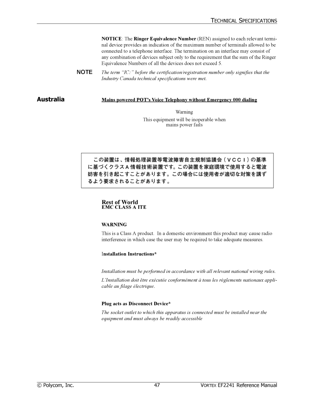 Polycom EF2241 manual Australia, Rest of World 