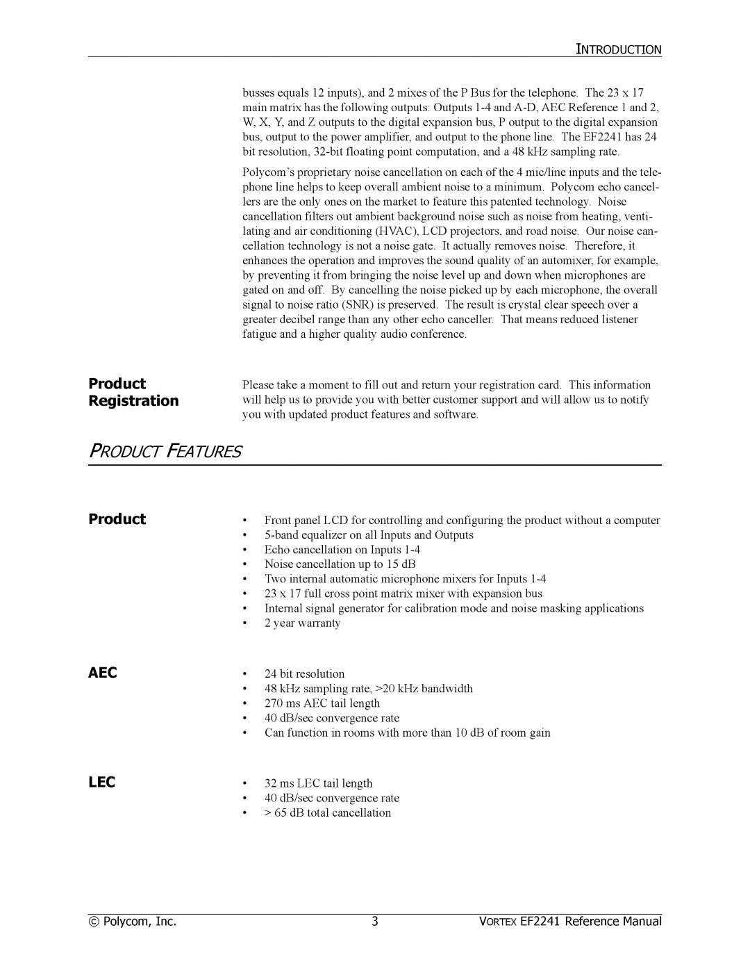 Polycom EF2241 manual Product Features, Product Registration 