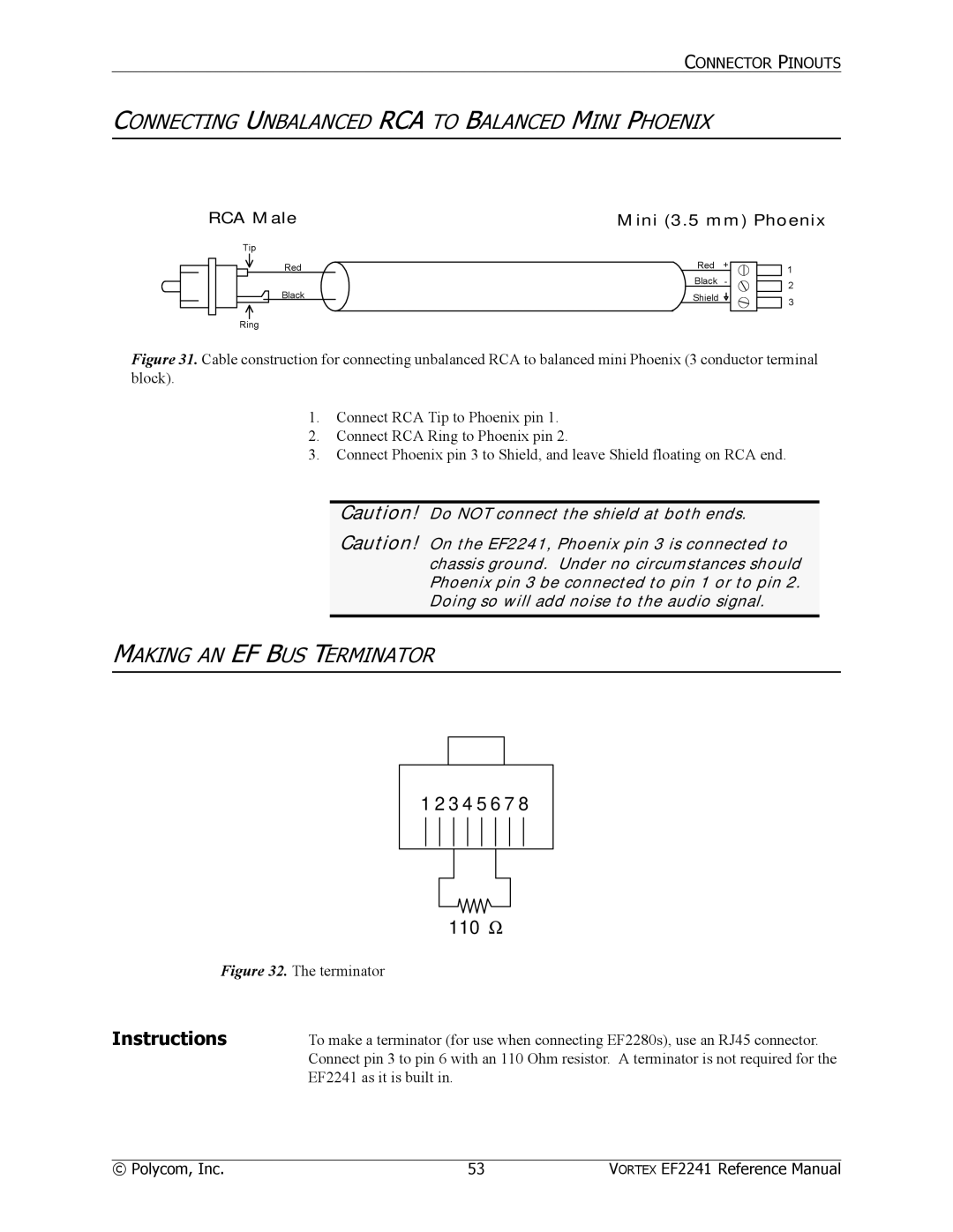 Polycom EF2241 manual Connecting Unbalanced RCA to Balanced Mini Phoenix, Making AN EF BUS Terminator, Instructions 