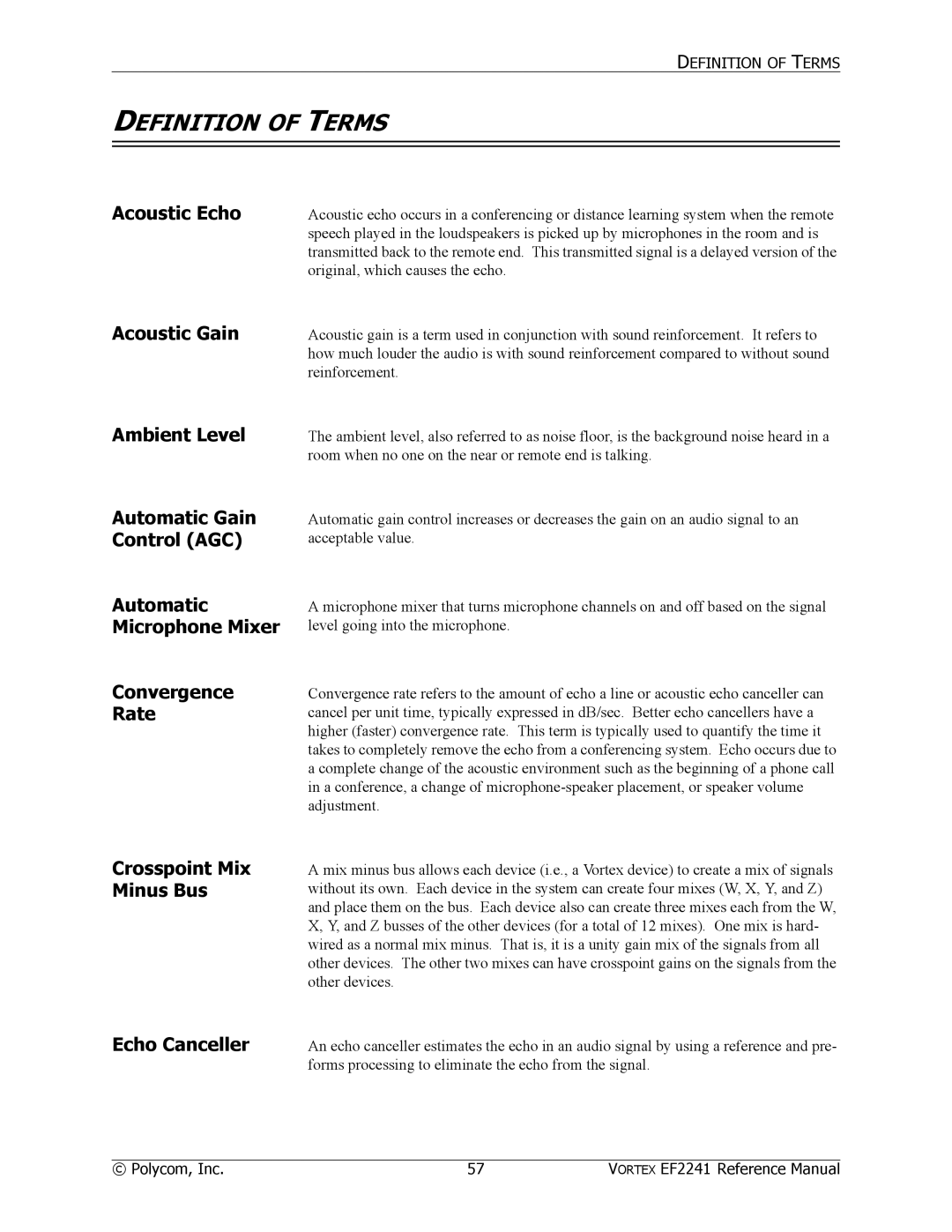 Polycom EF2241 manual Definition of Terms, Acoustic Echo, Crosspoint Mix Minus Bus, Echo Canceller 