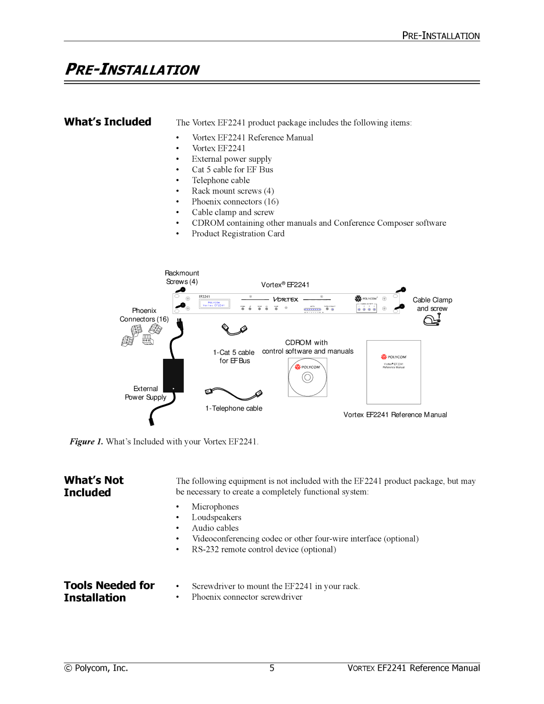 Polycom EF2241 manual Pre-Installation, What’s Included, What’s Not Included, Tools Needed for Installation 