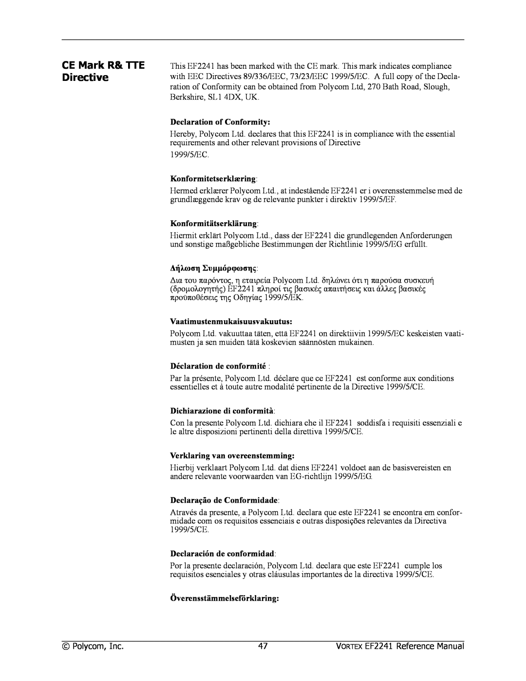 Polycom EF2241 manual CE Mark R& TTE Directive, Declaration of Conformity, Konformitetserklæring, Konformitätserklärung 