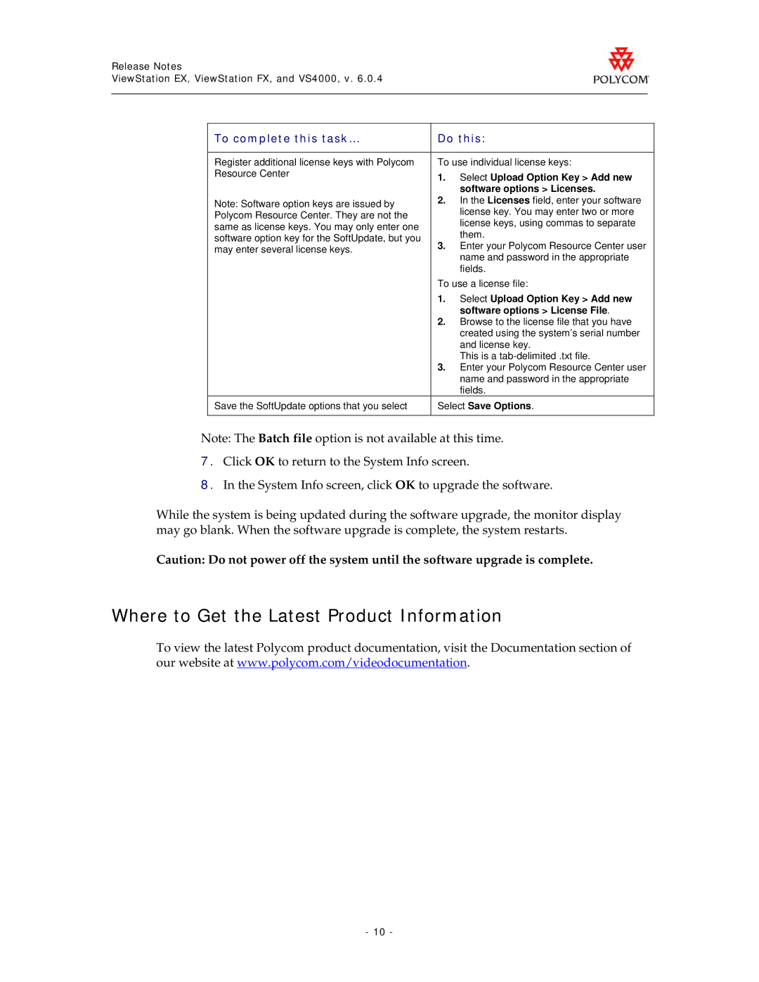 Polycom EX manual Where to Get the Latest Product Information, Select Upload Option Key Add new, Software options Licenses 