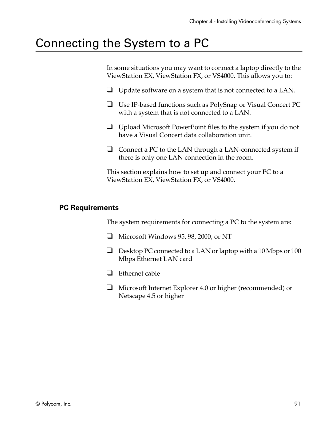 Polycom EX, FX, VS4000, EX4000, FX4000, VS4000 manual Connecting the System to a PC, PC Requirements 