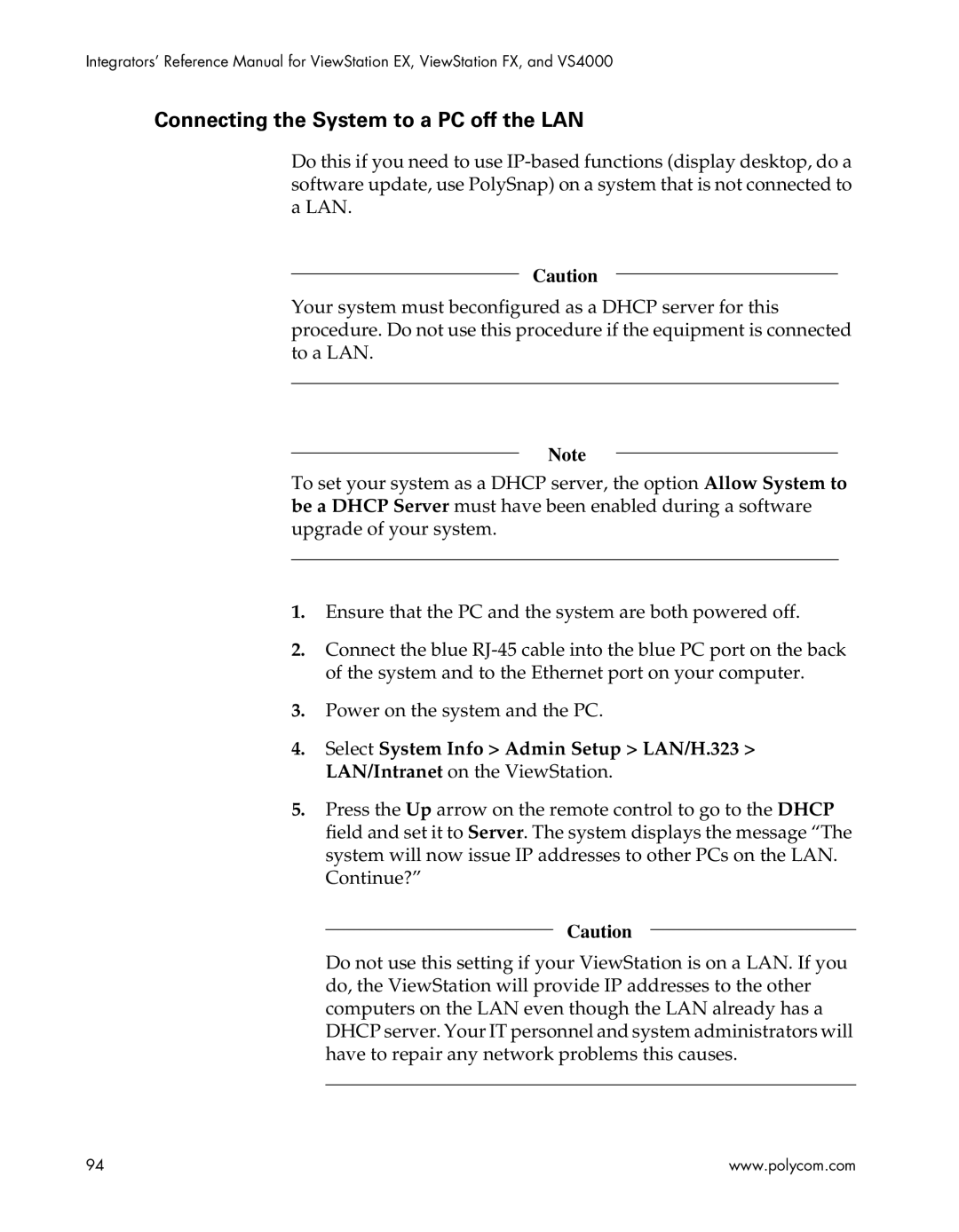 Polycom EX4000, FX4000, VS4000, EX, FX, VS4000 manual Connecting the System to a PC off the LAN 