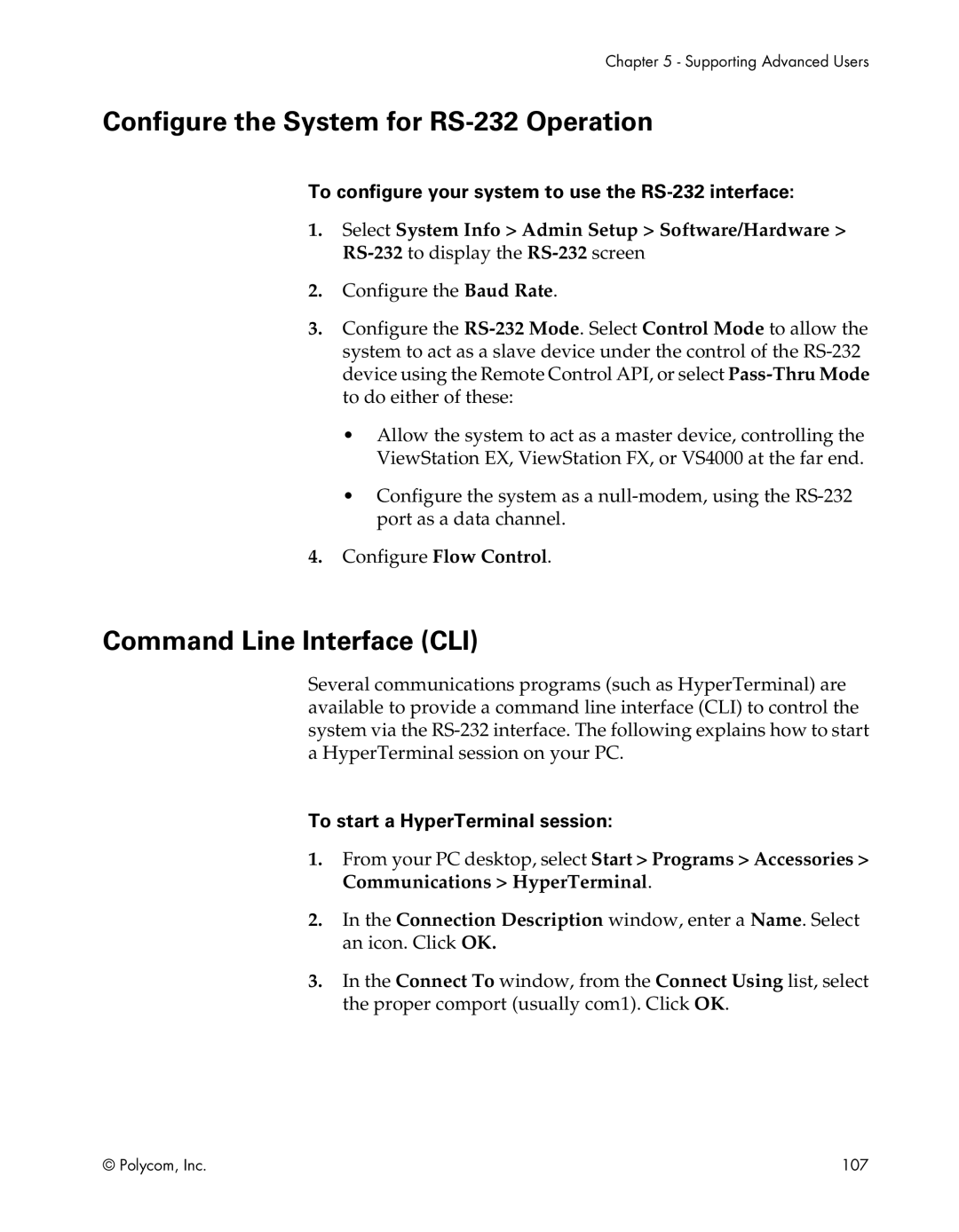 Polycom EX, FX, VS4000, EX4000, FX4000, VS4000 manual Configure the System for RS-232 Operation, Command Line Interface CLI 