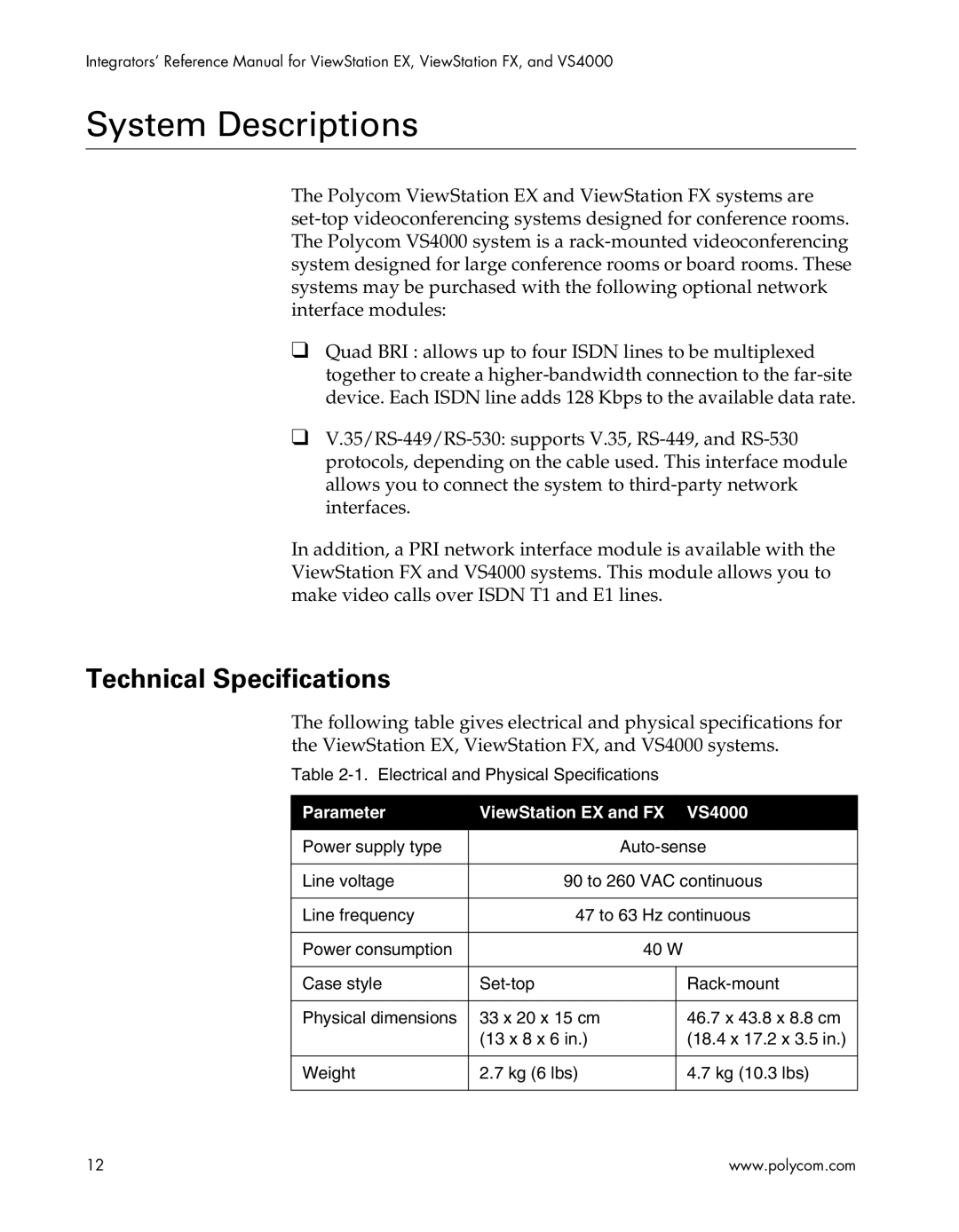 Polycom EX4000, FX4000, VS4000 manual System Descriptions, Technical Specifications, Parameter ViewStation EX and FX VS4000 