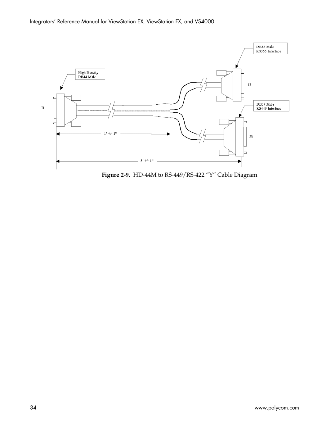 Polycom EX4000, FX4000, VS4000, EX, FX, VS4000 manual HD-44M to RS-449/RS-422 Y Cable Diagram 