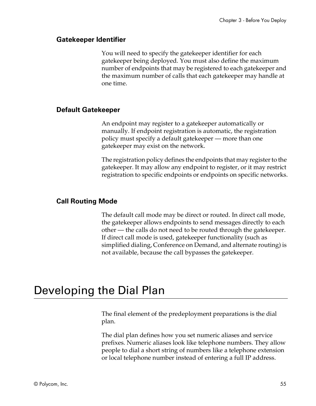 Polycom EX, FX, VS4000 manual Developing the Dial Plan, Gatekeeper Identifier, Default Gatekeeper, Call Routing Mode 