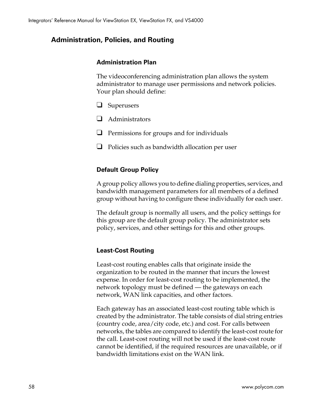 Polycom EX4000, FX4000, VS4000, EX, FX, VS4000 manual Administration, Policies, and Routing, Administration Plan 