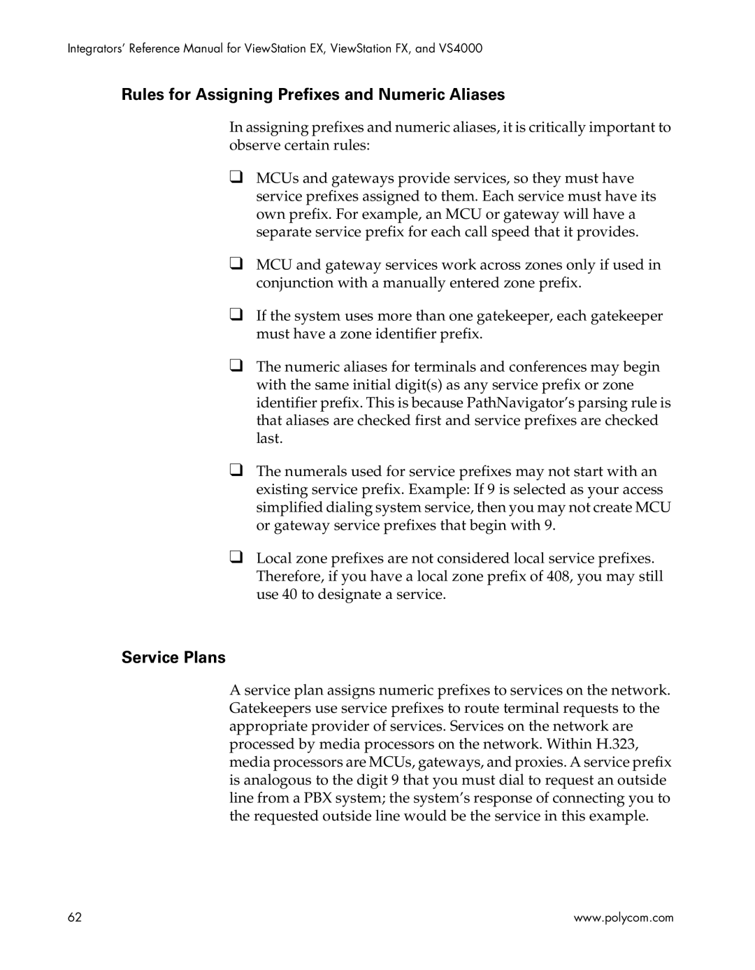 Polycom EX4000, FX4000, VS4000, EX, FX, VS4000 manual Rules for Assigning Prefixes and Numeric Aliases, Service Plans 