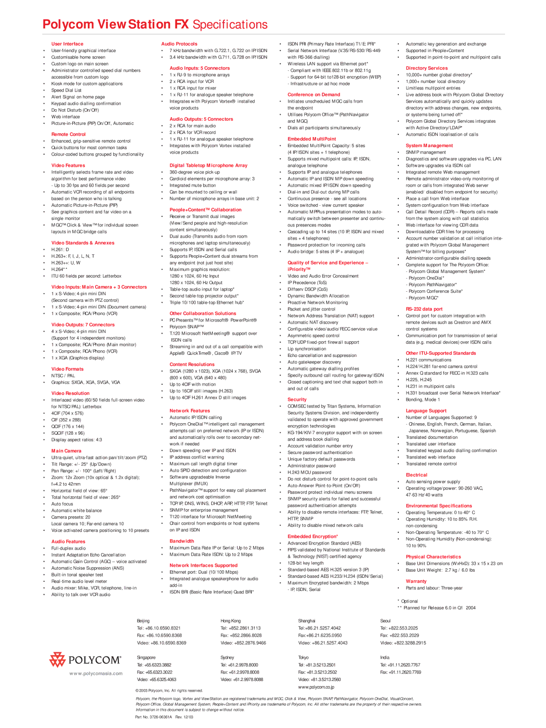 Polycom FX User Interface, Remote Control, Video Features, Video Standards & Annexes, Video Outputs 7 Connectors, Security 