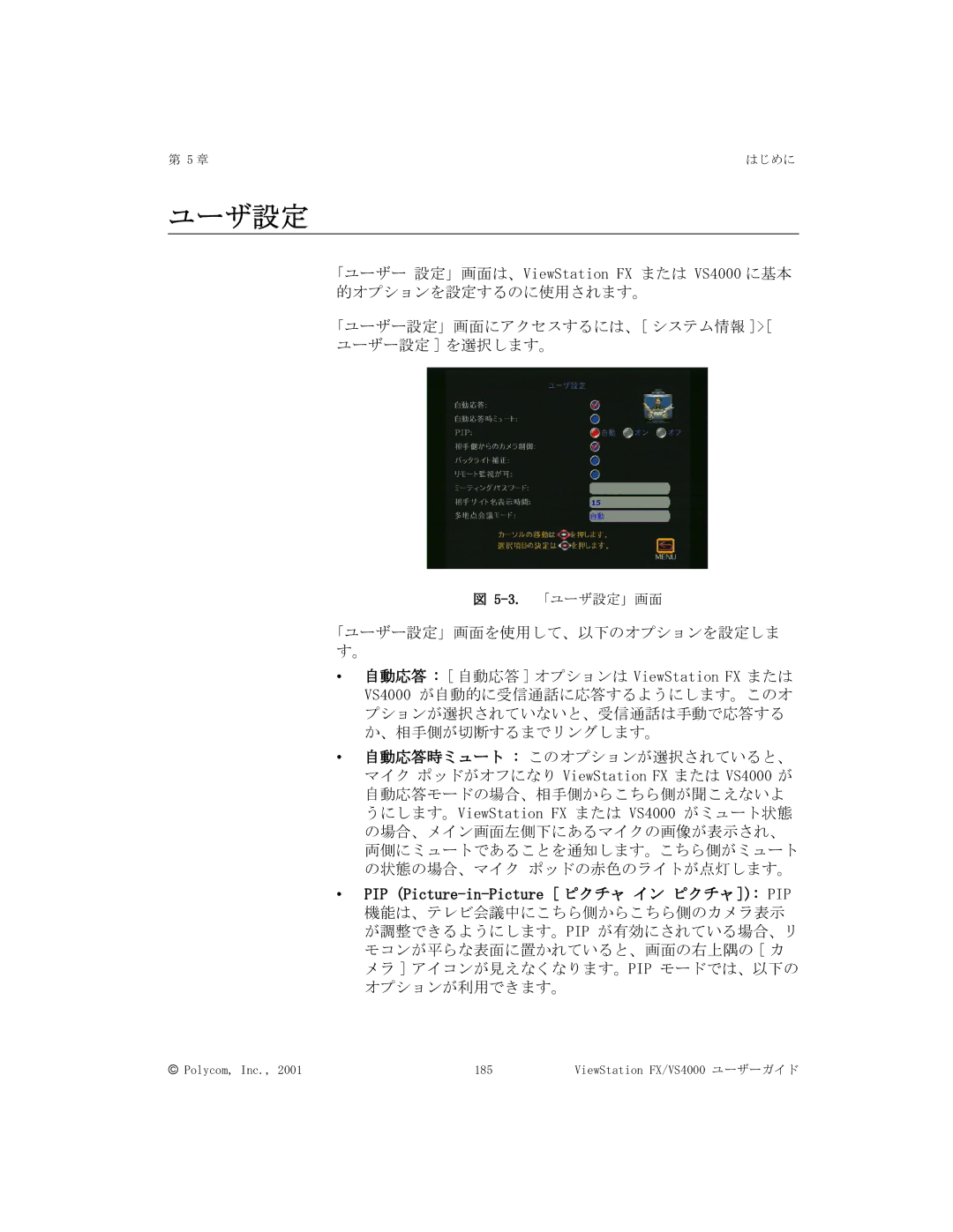 Polycom FX/VS4000 manual ユーザ設定, PIP Picture-in-Picture ピクチャ イン ピクチャ PIP 