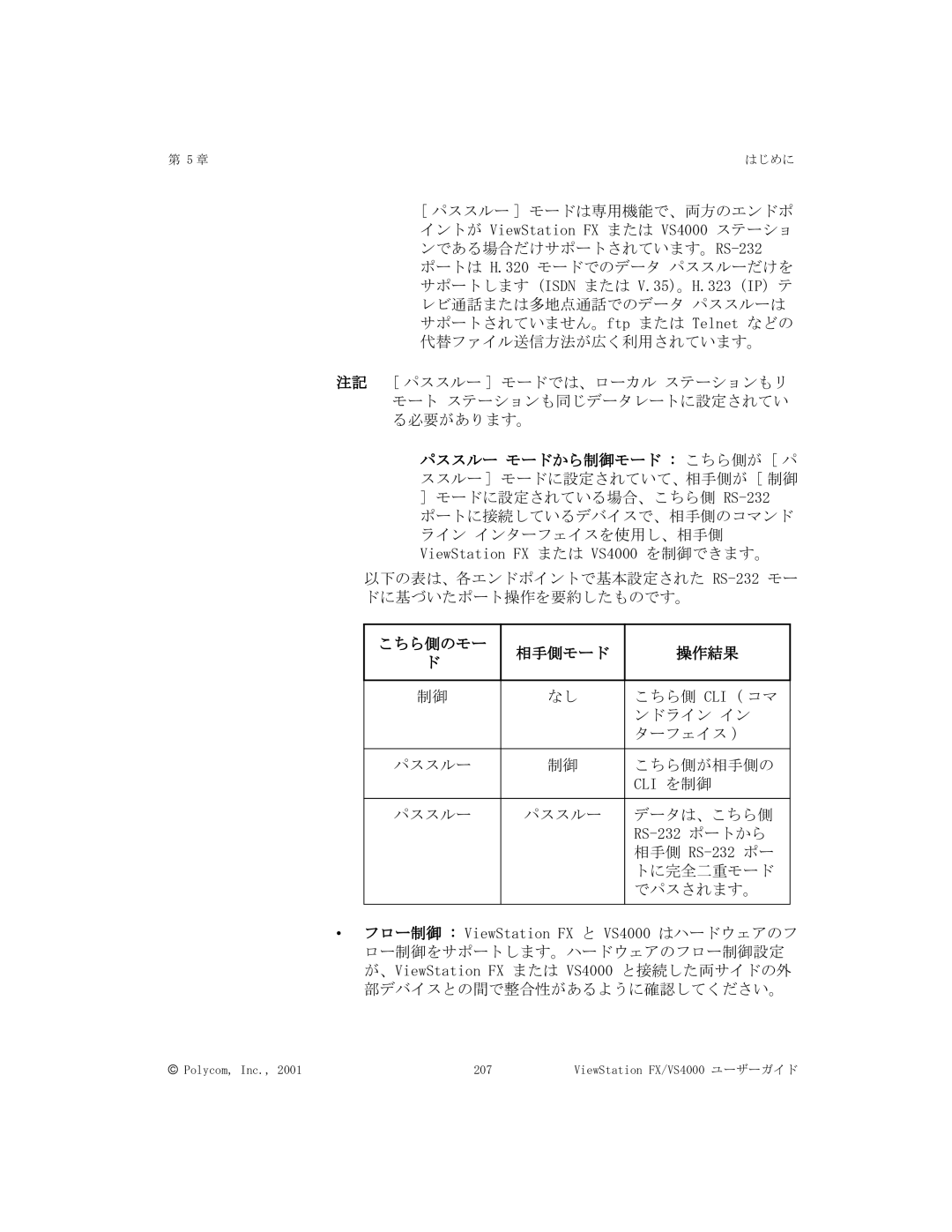 Polycom FX/VS4000 manual パススルー モードから制御モード こちら側が パ ススルー モードに設定されていて、相手側が 制御, こちら側のモー 相手側モード 操作結果 