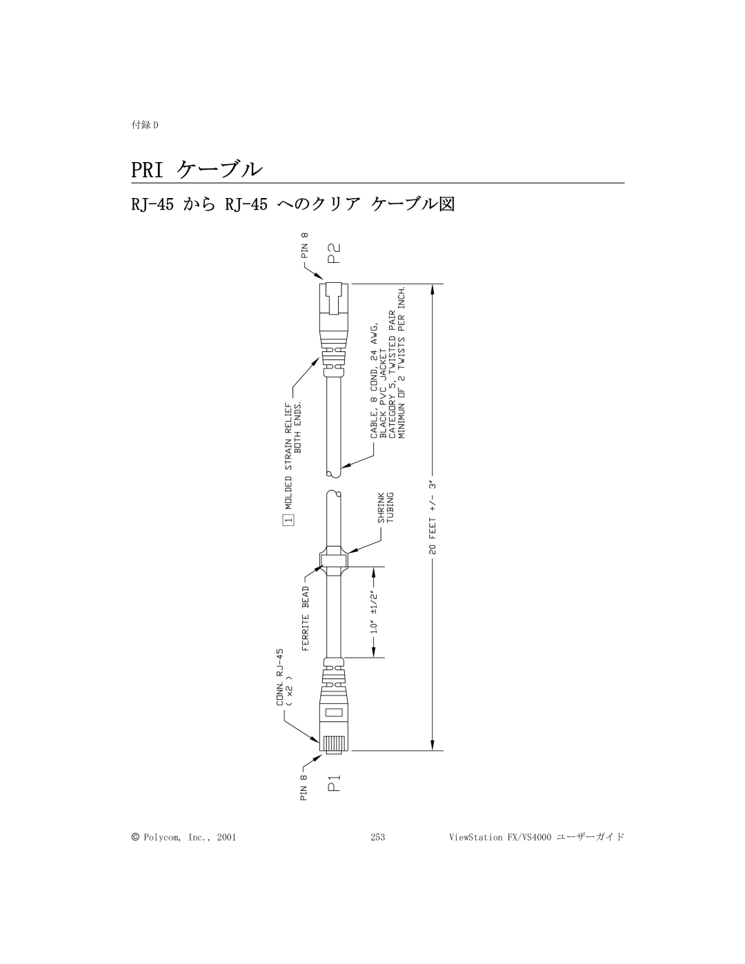 Polycom FX/VS4000 manual Pri ケーブル, RJ-45から RJ-45へのクリア ケーブル図 