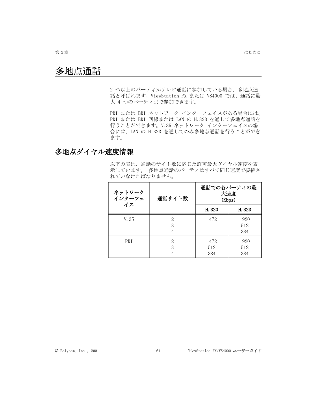 Polycom FX/VS4000 manual 多地点通話, 多地点ダイヤル速度情報, ネットワーク 通話での各パーティの最, インターフェ 通話サイト数 