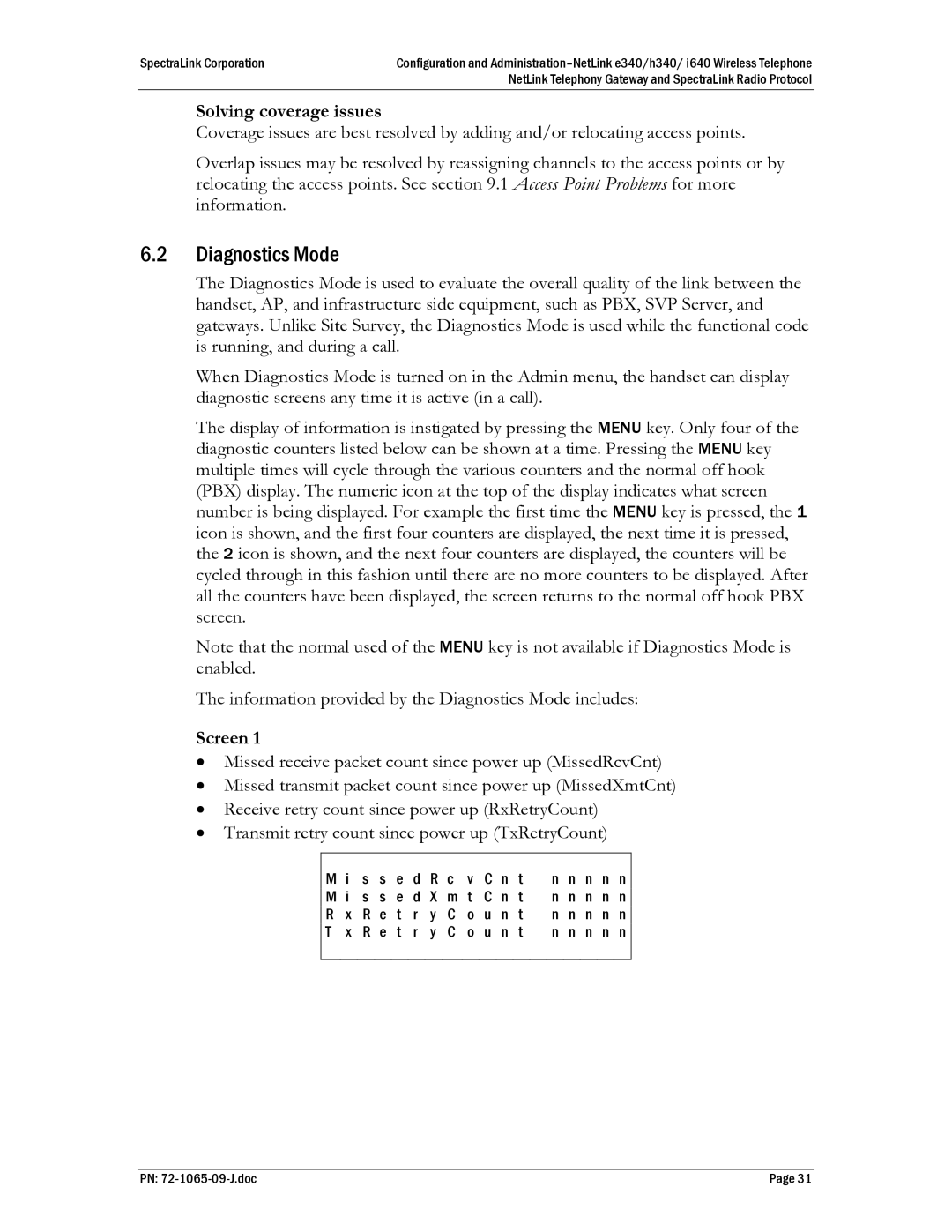 Polycom 72-1065-09, H340, I640, E340 manual Diagnostics Mode, Solving coverage issues, Screen 