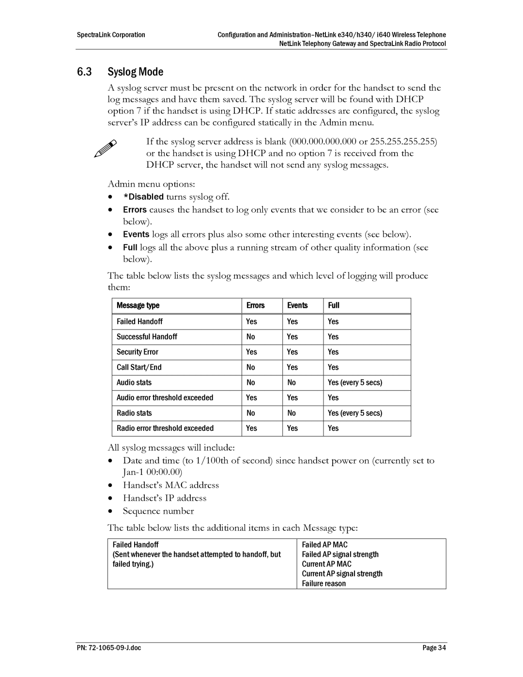 Polycom E340, H340, I640, 72-1065-09 manual Syslog Mode, Message type Errors Events Full 