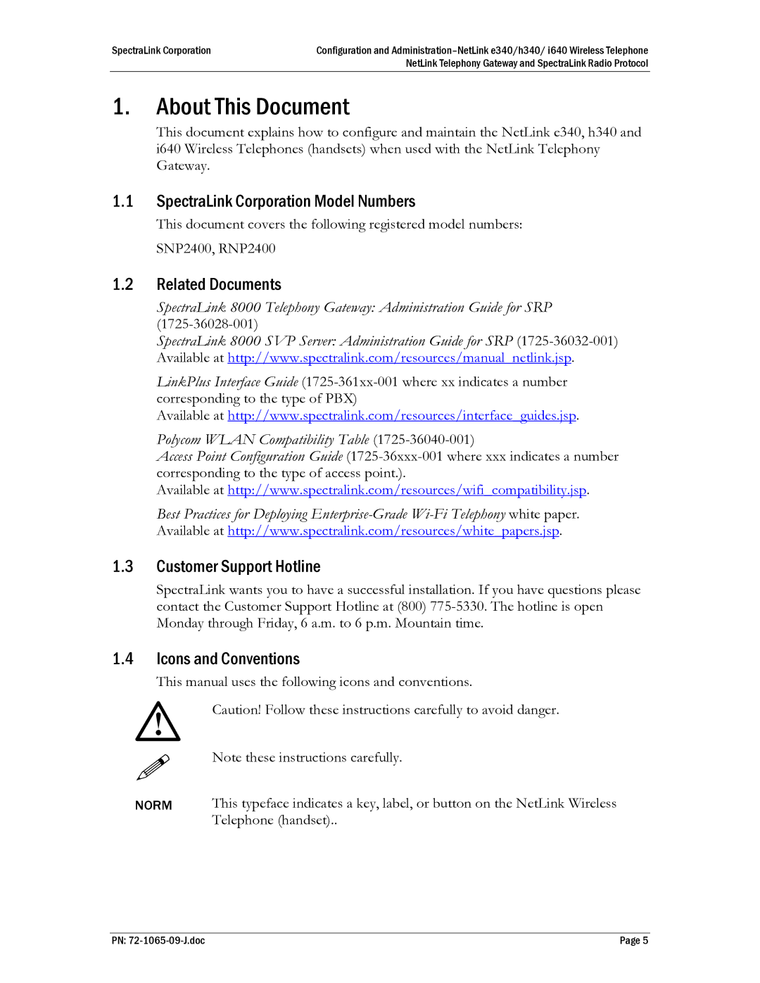 Polycom I640, H340 About This Document, SpectraLink Corporation Model Numbers, Related Documents, Customer Support Hotline 