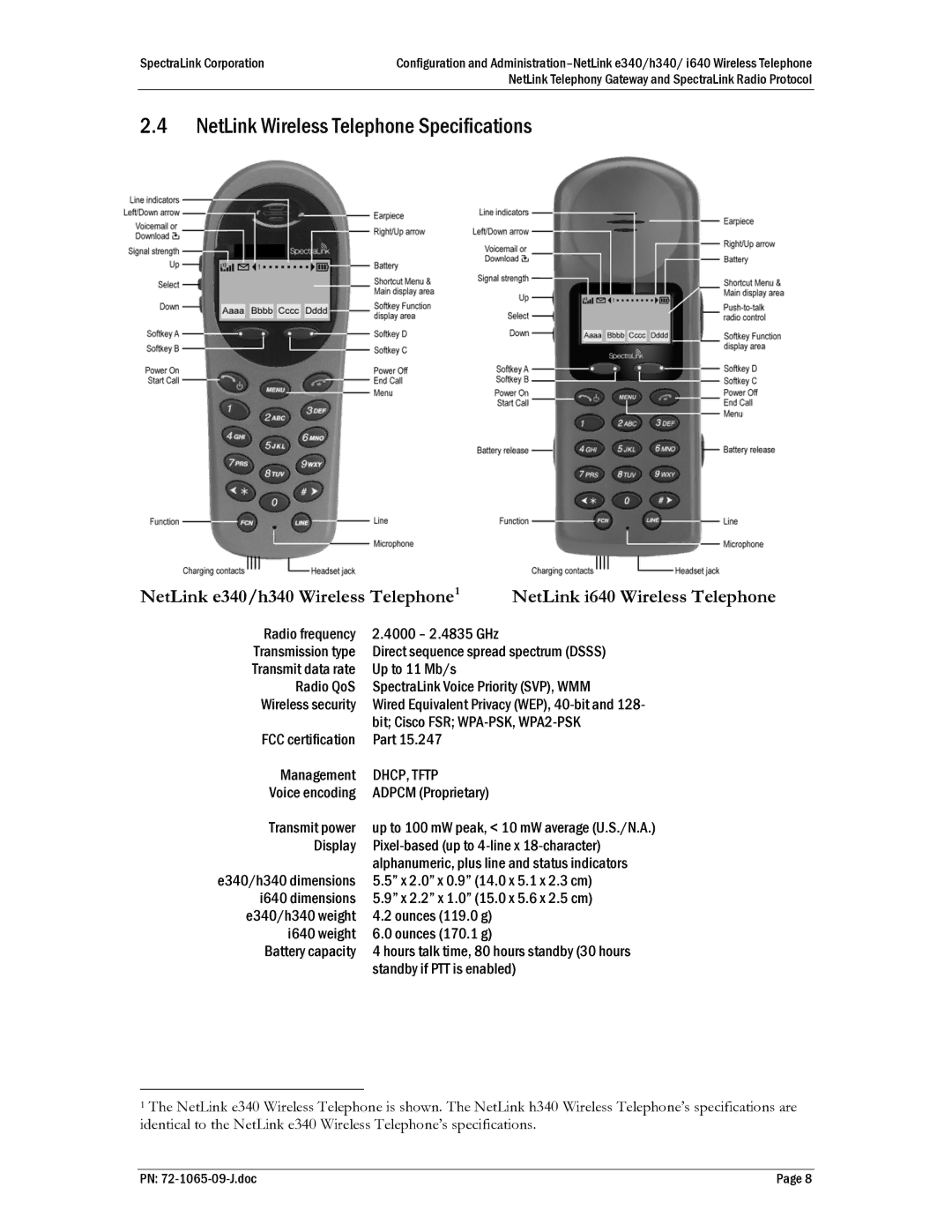 Polycom H340, I640, E340, 72-1065-09 manual NetLink Wireless Telephone Specifications, NetLink e340/h340 Wireless Telephone 