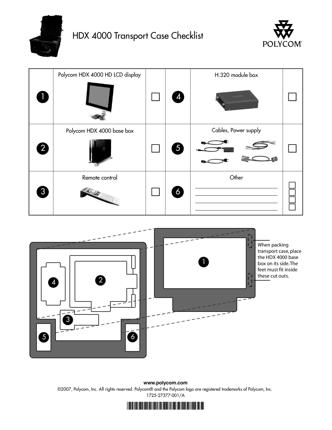 Polycom manual HDX 4000 Transport Case Checklist, Remote control, Other, When packing 