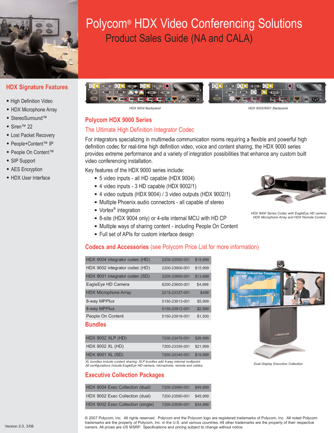 Polycom specifications HDX Signature Features, Polycom HDX 9000 Series, Ultimate High Definition Integrator Codec 