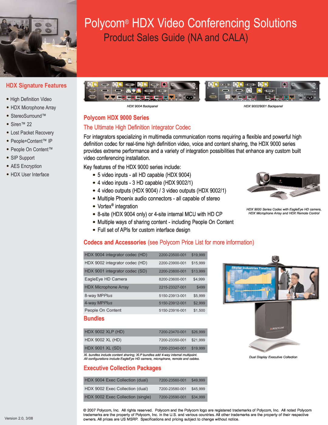 Polycom specifications Product Sales Guide NA and CALA, HDX Signature Features, Polycom HDX 9000 Series, Bundles 