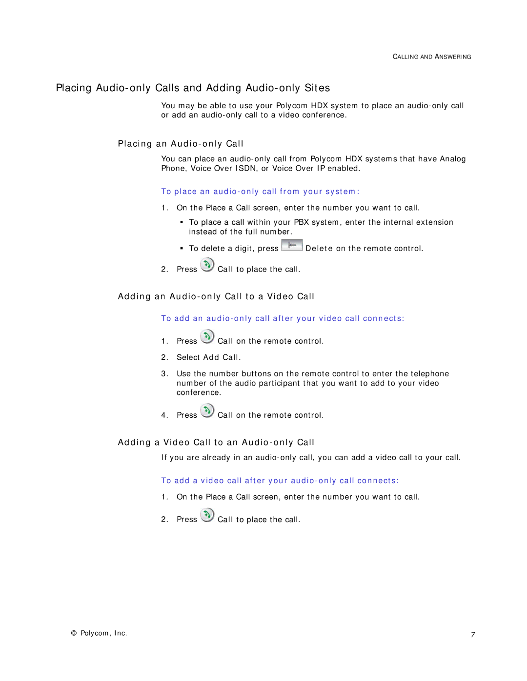 Polycom HDX Systems manual Placing Audio-only Calls and Adding Audio-only Sites, Placing an Audio-only Call 